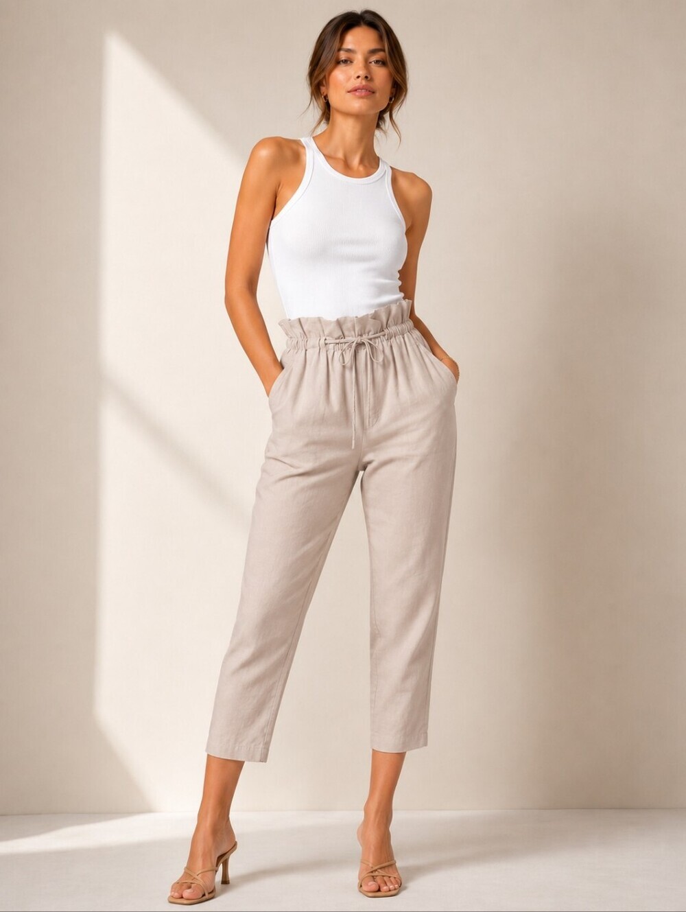 Aritzia Wide-Leg Cropped Pants in Light Beige